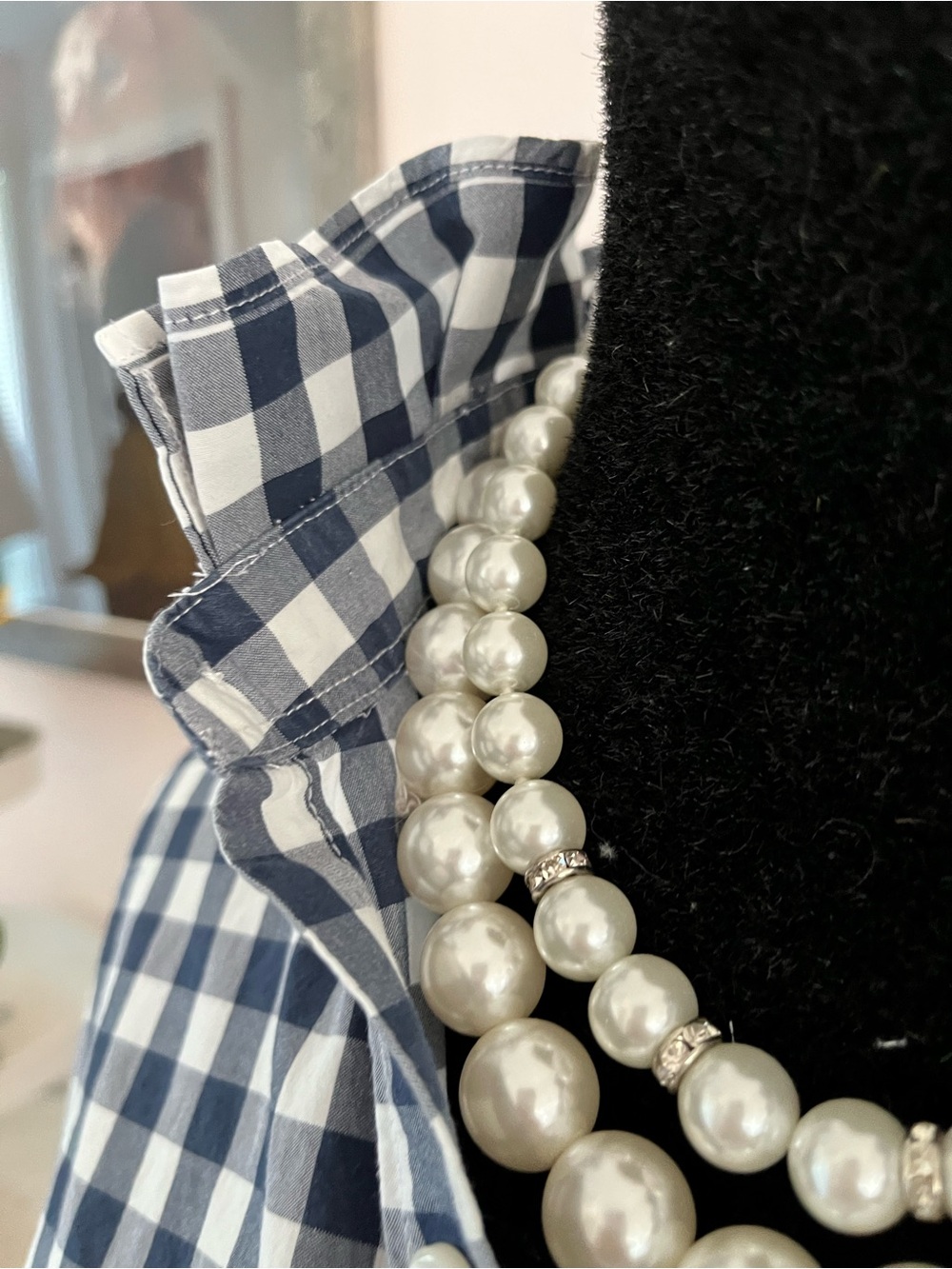 Enhanced J. Crew Navy and White Gingham Button-Down Shirt Ruffle Collar - Picture 4 of 8